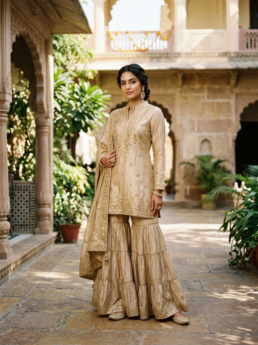Mehtab Champagne Gold Tissue Kurta & Sharara