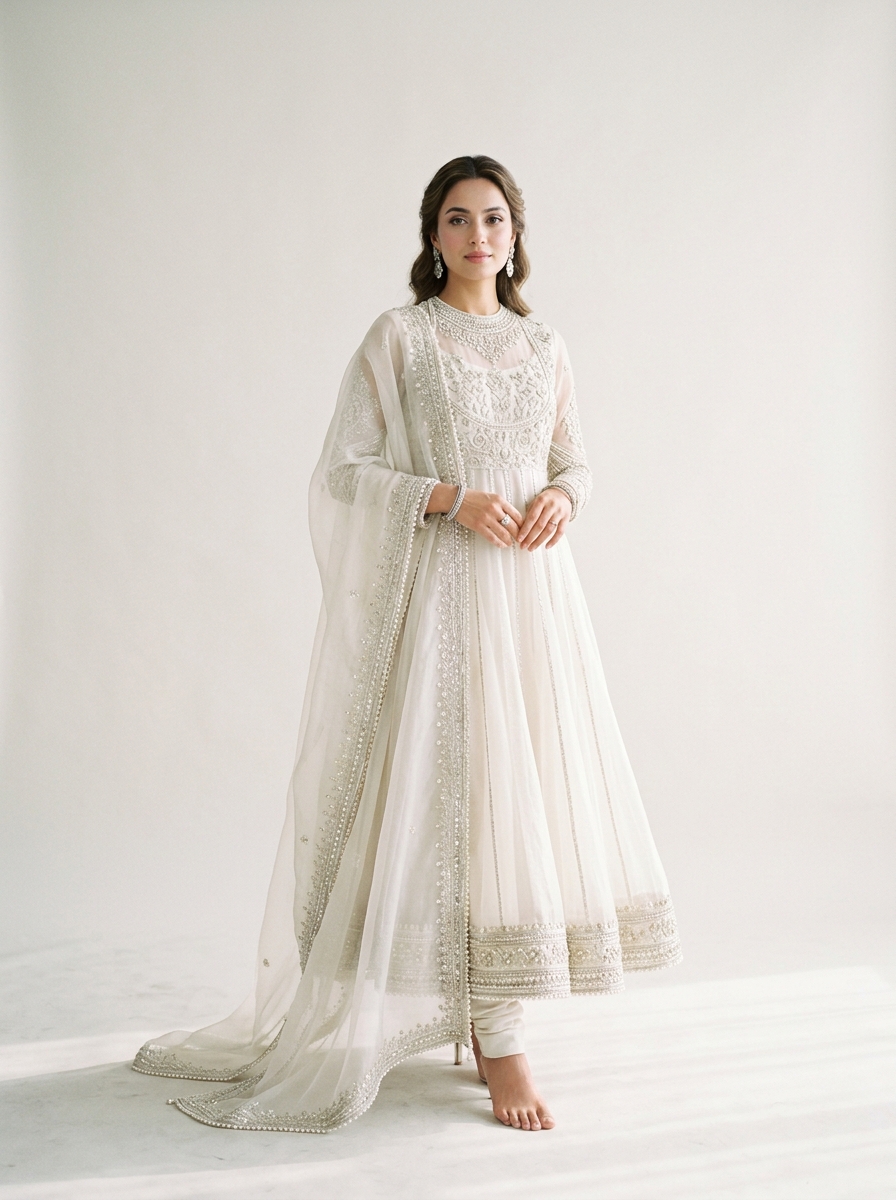 Safina Ivory Pure Organza Hand-Embroidered Anarkali