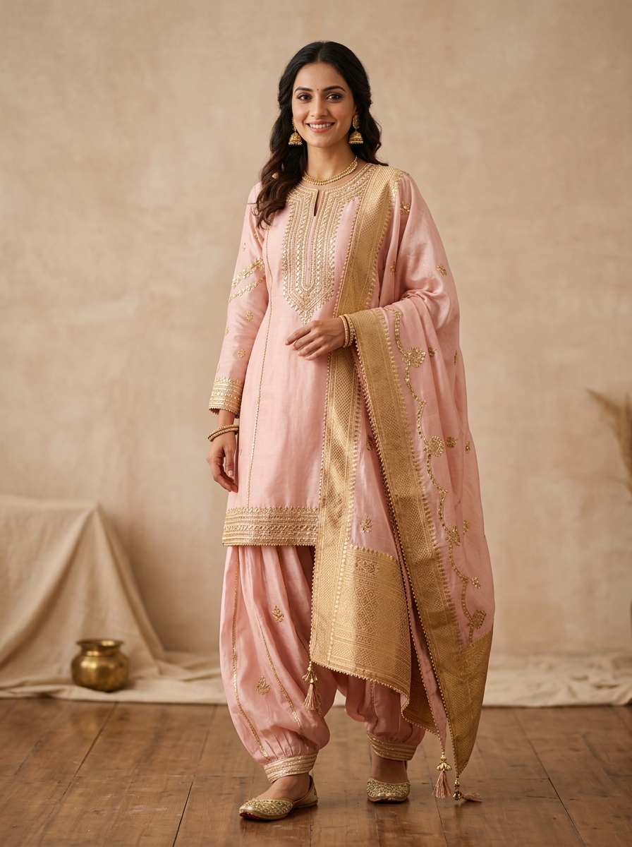 Gulabi Gota Handcrafted Pure Chanderi Punjabi Suit